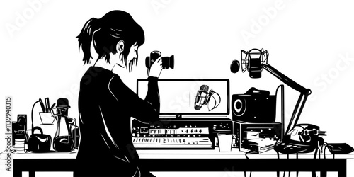 Person setting up microphones on a desk for recording vocals, Illustration