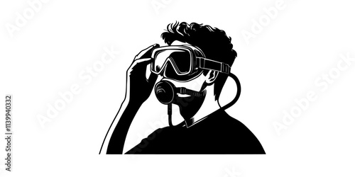 Person securing a diving mask and adjusting straps before starting a scuba diving session, Illustration