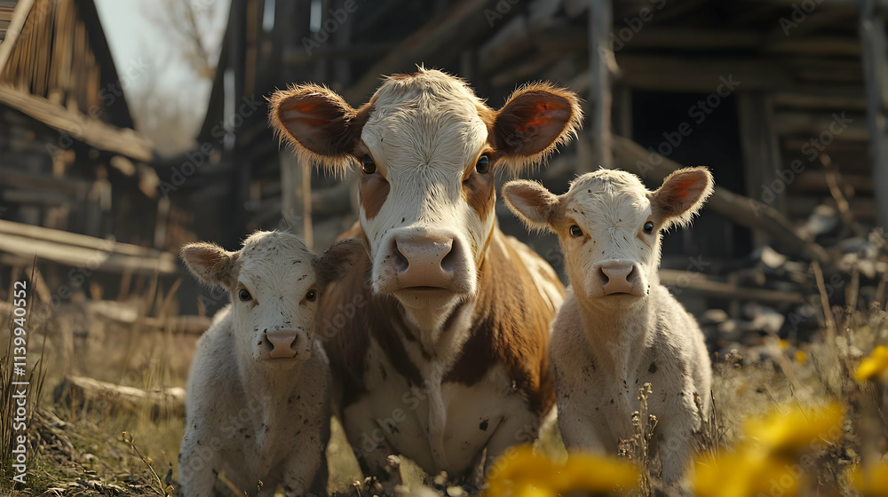 Naklejka premium Adorable Cow and Calves Realistic Image