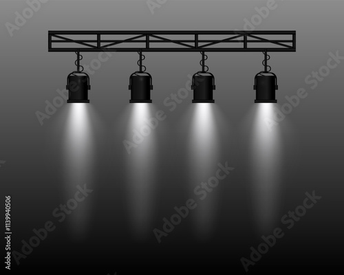 Spotlight set. Four stage lights white beams, hanging from a truss structure. Professional lighting equipment for theater, concerts, shows, and events. Focused illumination, performance settings.