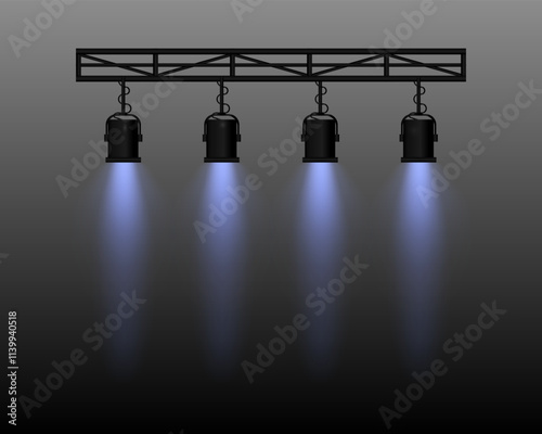 Spotlight set. Four stage lights blue beams, hanging from a truss structure. Professional lighting equipment for theater, concerts, shows, and events. Focused illumination, performance settings.