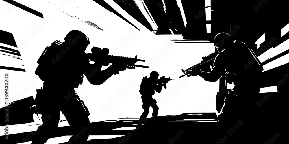Naklejka premium Players navigating through narrow virtual corridors while engaging enemies with controlled shots, Illustration