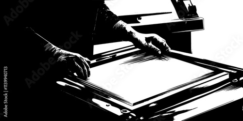 Printmaker aligning the block and paper carefully before applying pressure, Illustration