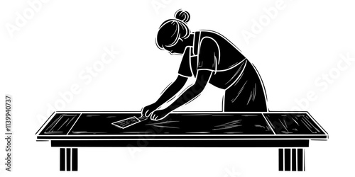 Printmaker preparing a stone surface for lithography by sketching with grease, Illustration