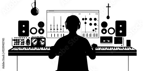 Producer experimenting with different sounds while creating hip-hop music, Illustration