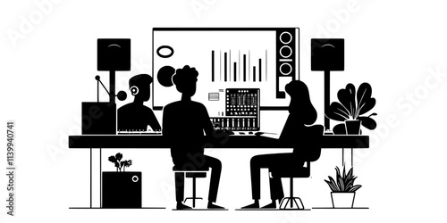 Producer collaborating with musicians to create classical recordings in a studio, Illustration