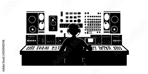 Producer mixing rock tracks using analog equipment in a professional studio, Illustration
