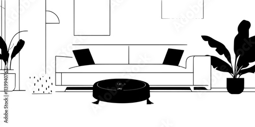 Robotic floor cleaner following a preset path along the baseboards of a living room, Illustration