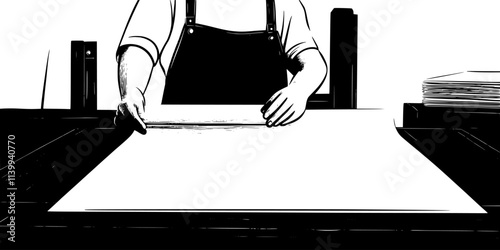 Printmaker pressing the inked plate against paper using a printing press, Illustration