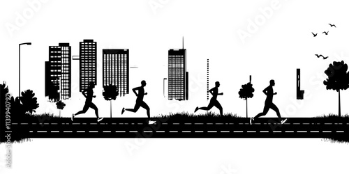 Runners completing long-distance training on a city street in a group, Illustration