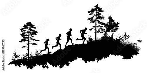 Runners descending a rocky slope surrounded by tall trees and vegetation, Illustration