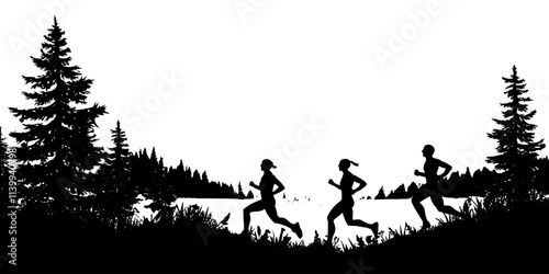Runners enjoying a sunny day while traversing a scenic trail, Illustration
