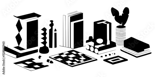 Several board games displayed on a table in their original packaging, Illustration
