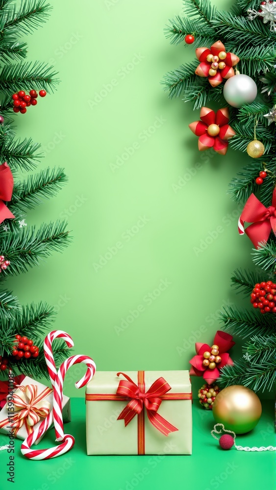 Festive holiday backdrop featuring decorations, gifts, and candy canes perfect for creating custom cards or seasonal messages Festive holiday backdrop featuring decorations, gifts, and candy canes perfect for creating custom cards or seasonal messages