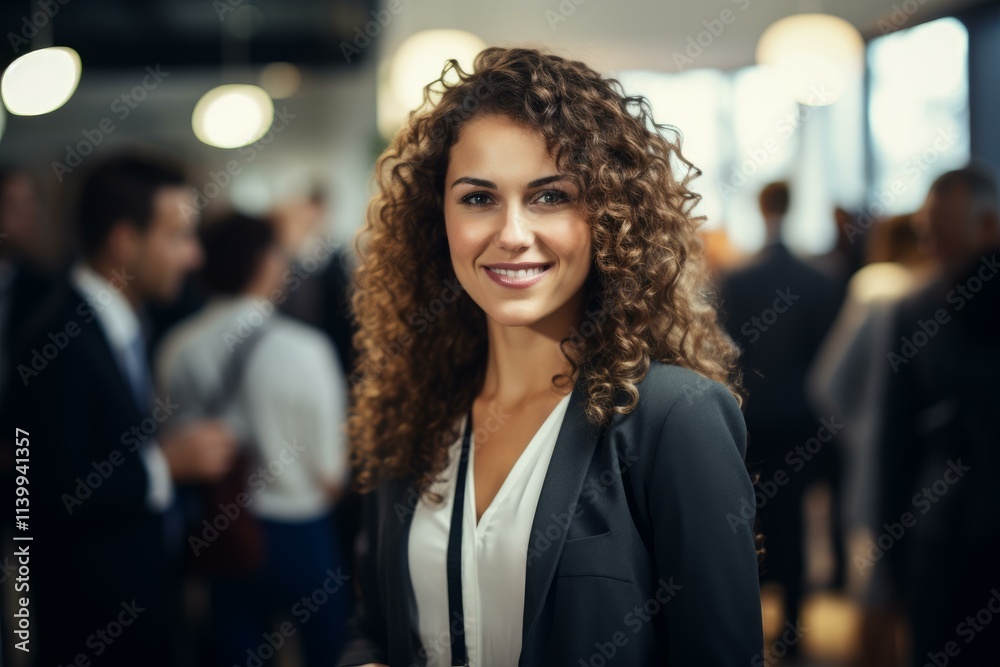 Portrait of a businesswoman smiling during a corporate event, with colleagues networking in the background Portrait of a businesswoman smiling during a corporate event, with colleagues networking in the background