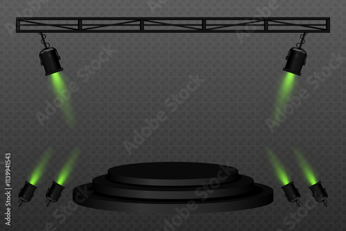 Stage lighting. Black stage platform with spotlights shining from above and sides. Perfect for concerts, performances, events, and shows. Highlighting center stage with professional lighting equipment