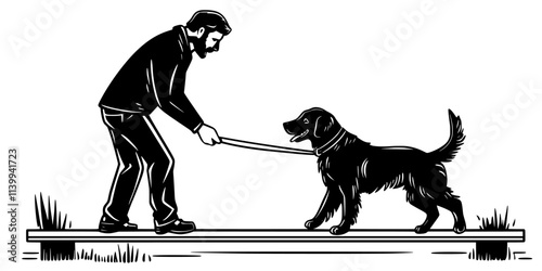 Trainer leading a dog across a balance beam during an agility session, Illustration