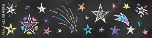 Children's Chalk Drawn Sketch. Set of Design Elements Various Five-Pointed Stars Isolated on Chalkboard.