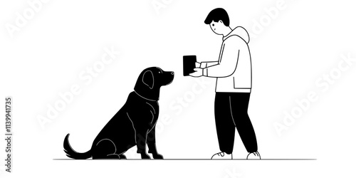 Trainer teaching a dog to jump over arms as part of a trick sequence, Illustration