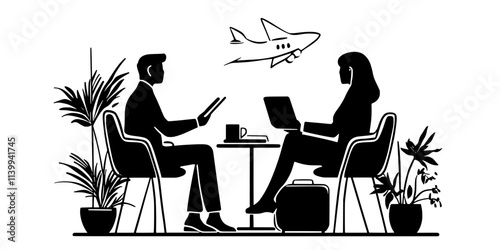 Traveler consulting with a travel agent about exclusive vacation packages at a travel agency, Illustration
