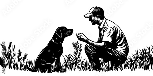 Trainer teaching a dog to jump over arms as part of a trick sequence, Illustration