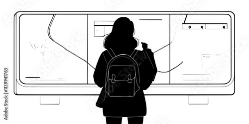 Traveler studying a public transportation map to find affordable routes to tourist attractions, Illustration
