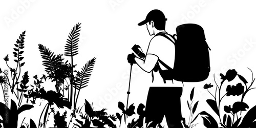 Traveler securing gear into a backpack before starting a hiking adventure in a remote area, Illustration