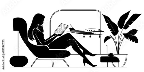 Traveler reading a printed itinerary for a private jet tour while seated indoors, Illustration