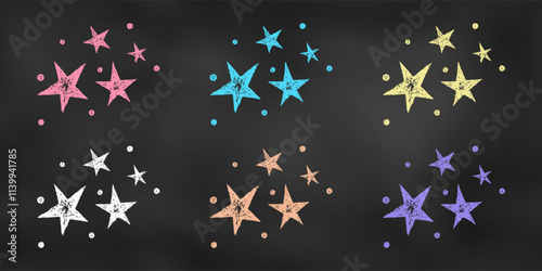 Set of Design Elements Compositions of Stars Isolated on Blackboard. Children's Chalk Drawn Sketch.