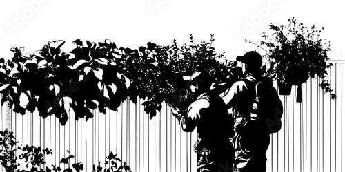 Two individuals harvesting herbs from a vertical garden mounted on a wooden fence, Illustration