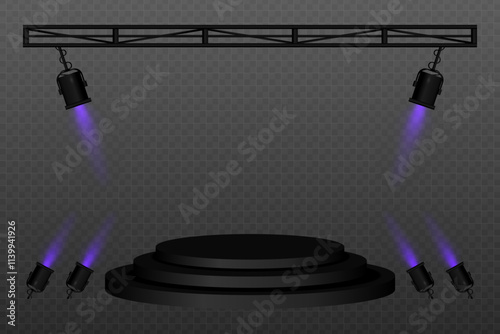 Stage lighting. Black stage platform with spotlights shining from above and sides. Perfect for concerts, performances, events, and shows. Highlighting center stage with professional lighting equipment