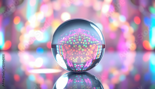 Abstract shot of glass ball on colorful holographic backdrop isolated . Shades of white., png