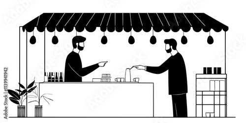 Two individuals negotiating the price of a vintage pendant in a well-lit shop, Illustration