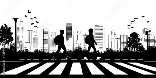 Two hikers walking along a wide avenue in a downtown area, Illustration