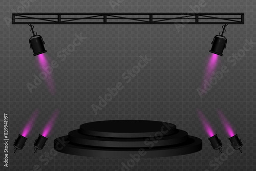 Stage lighting. Black stage platform with spotlights shining from above and sides. Perfect for concerts, performances, events, and shows. Highlighting center stage with professional lighting equipment