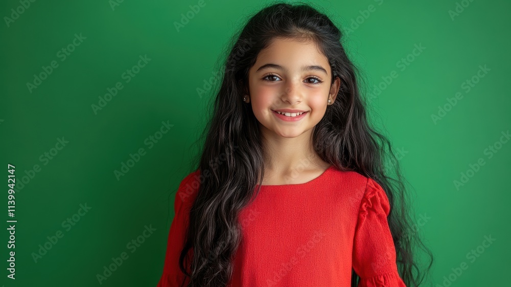Cheerful young Middle Eastern girl with curly black hair in a bright red sweater standing against a solid green background Cheerful young Middle Eastern girl with curly black hair in a bright red sweater standing against a solid green background