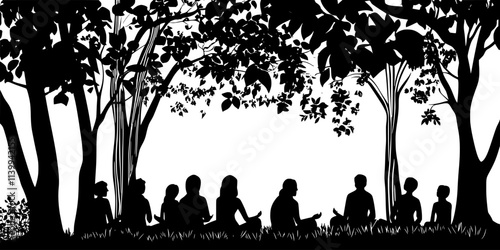Visitors attending mindfulness workshops in a forest as part of a nature retreat program, Illustration