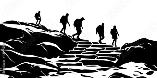 Visitors climbing stone steps at a famous archaeological site on a heritage walk, Illustration