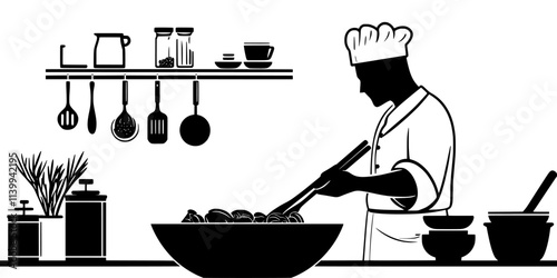 Vegetables being stir-fried in a wok by a chef in a kitchen, Illustration