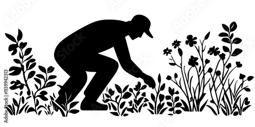 Worker planting bushes and shrubs that produce flowers for pollinators, Illustration