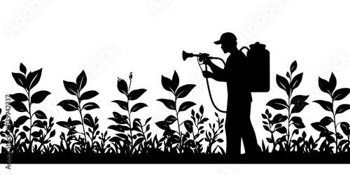 Worker spraying a natural pesticide on plants to prevent insect damage, Illustration