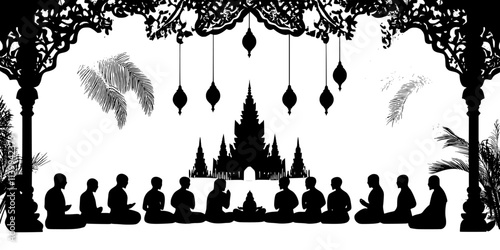 Worshippers sitting in meditation inside a famous temple during a pilgrimage, Illustration