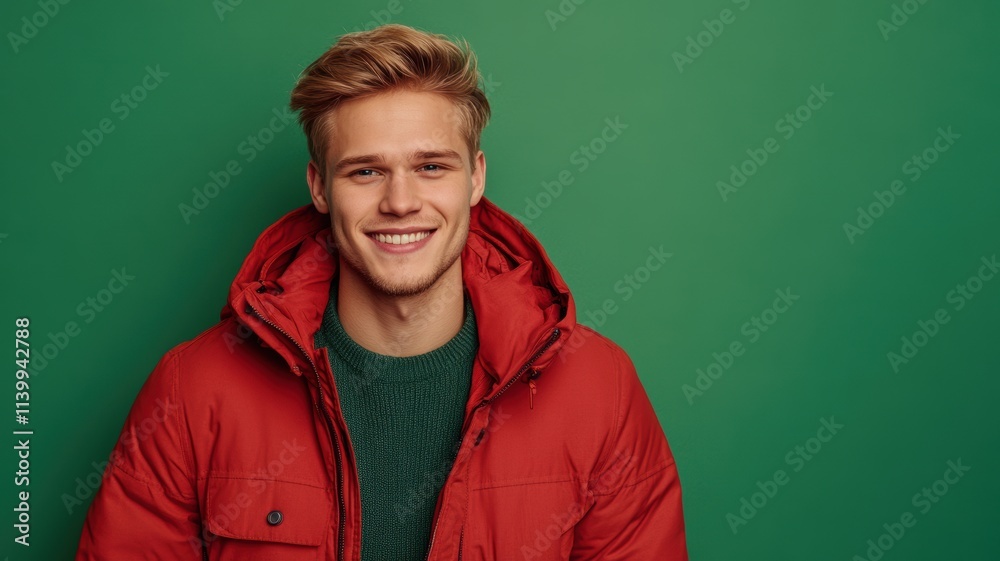 Cheerful young Caucasian man in bright red jacket on green background Cheerful young Caucasian man in bright red jacket on green background