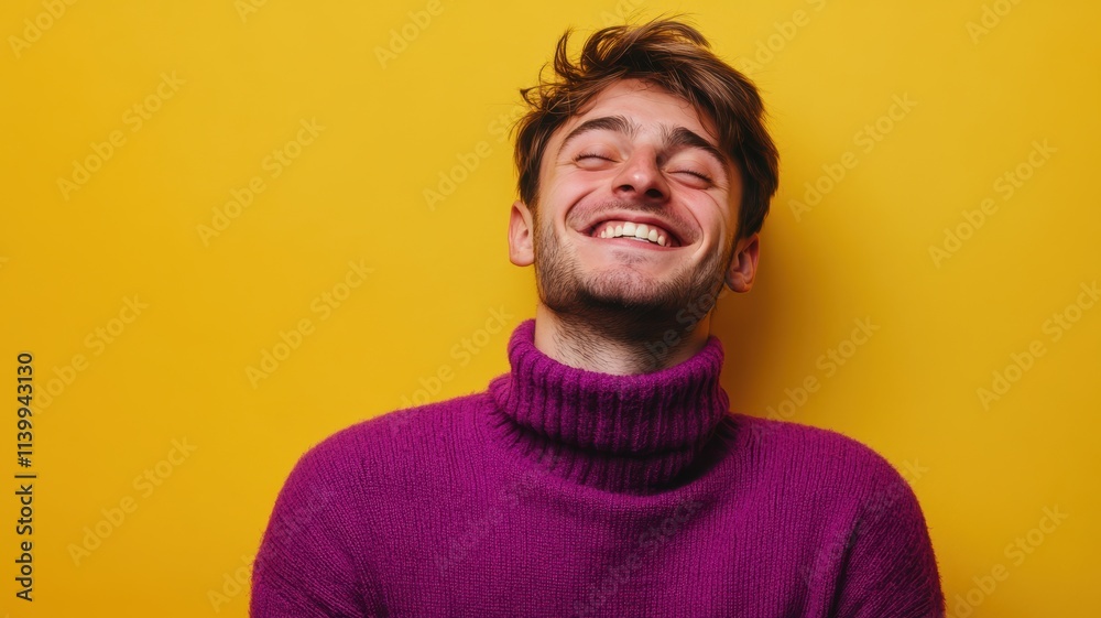 Obraz premium A joyful young European man with short brown hair, wearing a bright purple sweater, standing against a solid yellow background