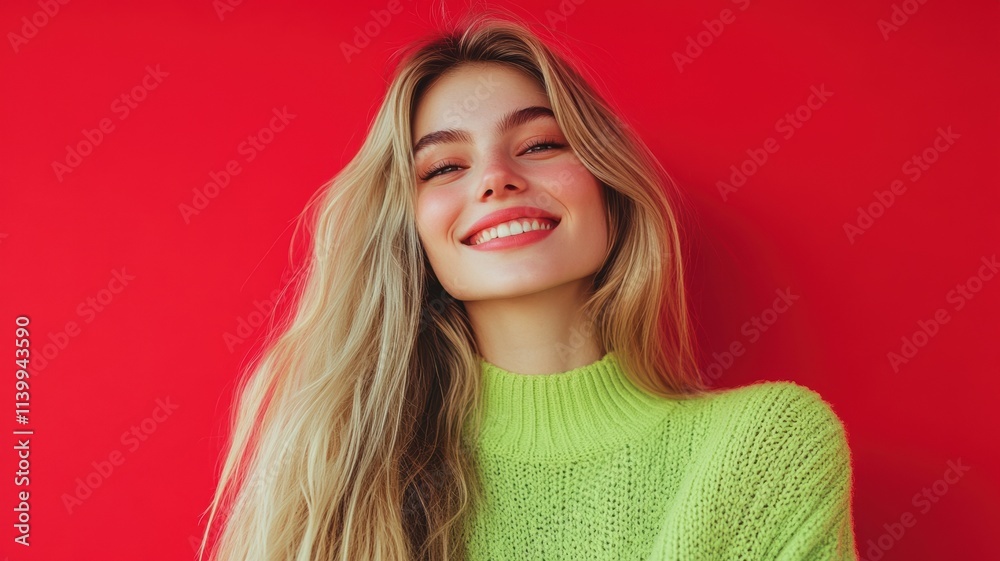 Fototapeta premium Happy young Slavic woman with long blonde hair in bright green blouse standing against solid red background