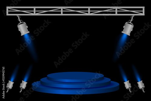 Stage spotlight. Blue podium, spotlights, lighting beams, metal frame, dark background, event preparation, performance platform, stage design, concert setup, theater illumination, presentation area