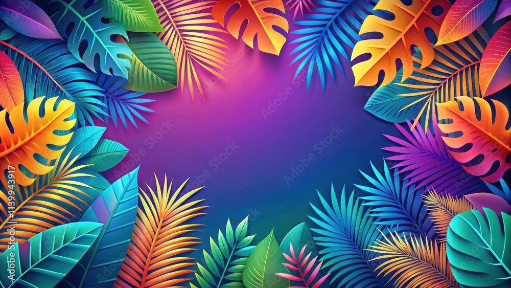 Abstract trendy neon gradient background with flat style tropical foliage and flowers Abstract trendy neon gradient background with flat style tropical foliage and flowers