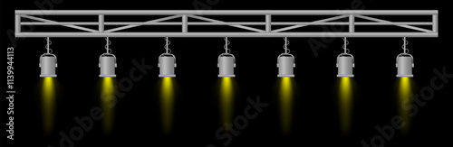 Stage lighting set. Yellow spotlights, metal frame, event lighting, hanging lamps, focused beams, dark background, performance setup, stage design, concert equipment, theater illumination