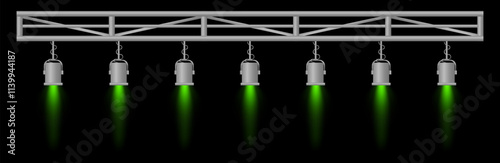 Stage lighting set. Green spotlights, metal frame, event lighting, hanging lamps, focused beams, dark background, performance setup, stage design, concert equipment, theater illumination