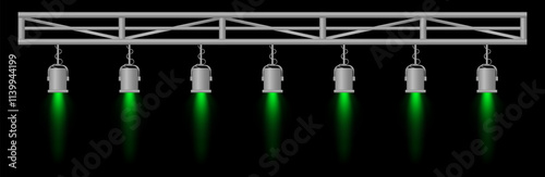Stage lighting set. Green spotlights, metal frame, event lighting, hanging lamps, focused beams, dark background, performance setup, stage design, concert equipment, theater illumination